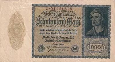 Alemania 10000 Mark Portrait of man by Durer - 1922 - aUNC - P.72 - Serial 13M