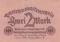 Alemania 2 Mark - Darlehens-Kassenschein - 15-09-1922 - Pink paper