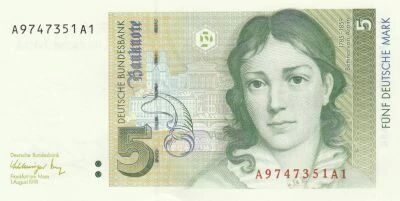 Alemania 5 Mark - Portrait of Bettina von Armin - Brandenburg Gate in Berlin - 1991 - Series A