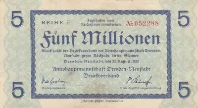 Alemania 5 Millionen Mark - State of Dresden - Reihe F- 25-08-1923 - Number 052288