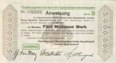 Alemania 5 millionen Mark - State of Hannover-Linden - 1923 - Number 5501