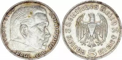 Alemania 5 Reichsmark Hindenburg 1936 F Stuttgart - Silver - VF - KM.86