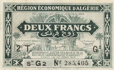 Algeria 2 Francs - 31-01-1944 - Serial G2 - P.102