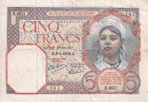 Algeria 5 Francs -  Young girl - 09-01-1941 - Serial R.4851 - F to VF - P.94a