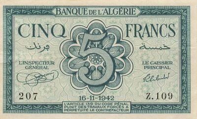 Algeria 5 Francs - 16-11-1942 - P.91