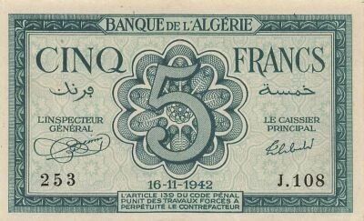 Algeria 5 Francs - 16-11-1942 - P.91