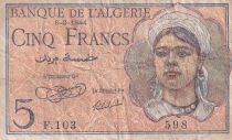 Algeria 5 Francs - Young girl - 08-02-1944  - Serial F.103 - P.94a