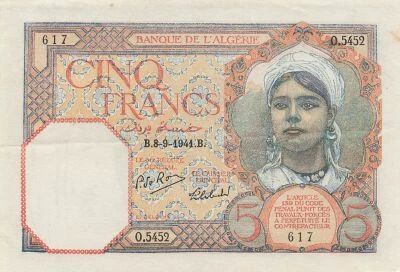 Algeria 5 Francs - Young Woman - 08-09-1941 - P.77b