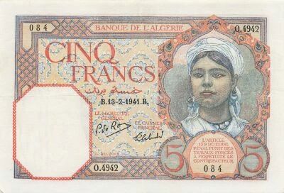 Algeria 5 Francs - Young Woman - 13-02-1941 - P.77b