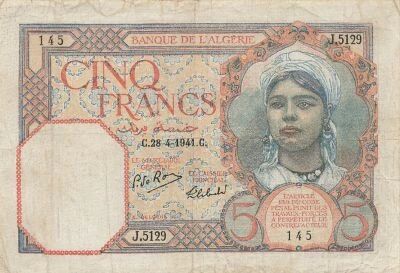 Algeria 5 Francs - Young Woman - 28-04-1941 - P.77b