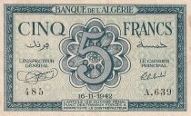 Algeria 5 Francs Facing woman - 16-11-1942 - Serial A.639