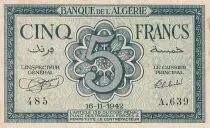 Algeria 5 Francs Facing woman - 16-11-1942 - Serial A.639