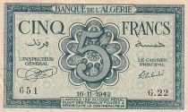 Algeria 5 Francs Facing woman - 16-11-1942 - Serial G.22