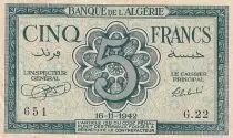 Algeria 5 Francs Facing woman - 16-11-1942 - Serial G.22