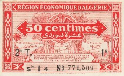 Algeria 50 Centimes - 31-01-1944 - Serial I4 - P.100