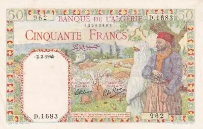 Algeria 50 Francs - Couple - Letter Watermark - 02-02-1945 - Serial D.1683