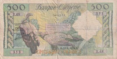 Algeria 500 Francs - Vulture - Sheep and goats - January 24, 1958 - Series E.68