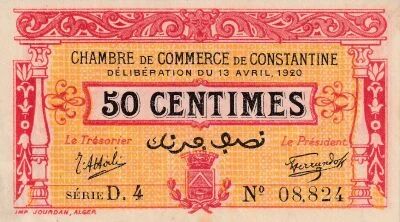 Alg�rie - Administration fran�aise 50 Centimes - Chambre de Commerce de Constantine - 13-04-1920 - S�rie D.4