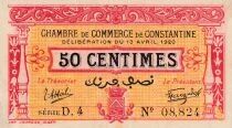 Alg&eacute;rie - Administration fran&ccedil;aise 50 Centimes - Chambre de Commerce de Constantine - 13-04-1920 - S&eacute;rie D.4