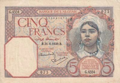 Alg�rie 5 Francs - 31-01-1939 - S�rie G.4554