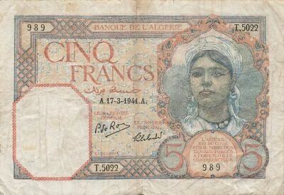 Alg�rie 5 Francs - Jeune Femme - 17-03-1941 - P.77