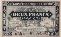 Alg&eacute;rie Alg&eacute;rie 2 Francs Vert fonc&eacute; - R&eacute;gion &eacute;conomique  - 31.01.1944 - S&eacute;rie A2 - P.102