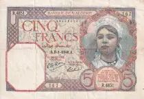 Algerien 5 Francs -  Young girl - 09-01-1941 - Serial R.4851 - F to VF - P.94a