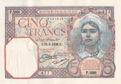 Algerien 5 Francs - Young girl - 21-06-1929 - Serial P.3679 - P.77a