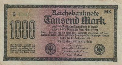 Allemagne 1000 Mark - Papier vert p�le - Num�ro vert - 1922 - S�rie G-MK