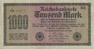 Allemagne 1000 Mark - Papier vert p�le - Num�ro vert - 1922 - S�rie Qa-MK