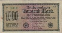 Allemagne 1000 Mark - Papier vert p&acirc;le - Num&eacute;ro vert - 1922 - S&eacute;rie T-GP