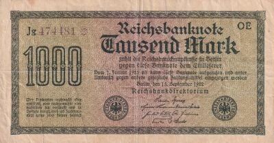 Allemagne 1000 Mark - Reichsbanknote - 1922 - Num�ro violet avec ast�risque (*) - S�rie Jg