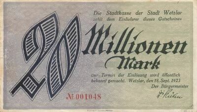 Allemagne 20 Millions Mark - Wetzlar - 18-09-1923