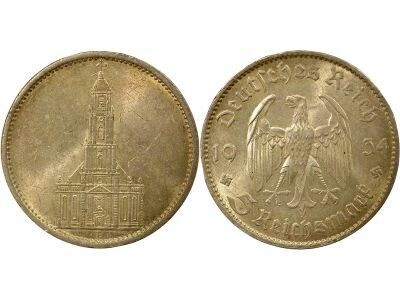 Allemagne 5 Reichsmark Argent, Eglise de Potsdam - 1934 F Stuttgart