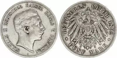 Allemagne Allemagne, Prusse, Wilhelm II - 5 Mark 1892 A Berlin