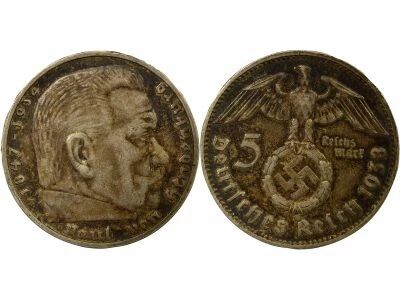 Allemagne IIIe Reich - 5 Mark Argent, Hindenburg - 1938 J Hambourg