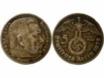 Allemagne IIIe Reich - 5 Mark Argent, Hindenburg - 1938 J Hambourg