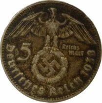 Allemagne IIIe Reich - 5 Mark Argent, Hindenburg - 1938 J Hambourg