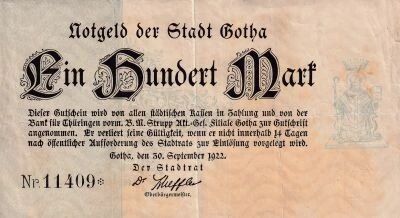 Allemagne Notgeld 100 Mark Ville de Gotha 1922