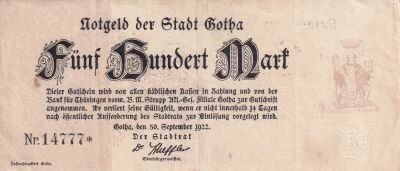 Allemagne Notgeld Stadt Gotha 500 Mark 1922