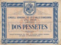 Andorra 2 Pessetes - 1936 - First Type Blue - 000773