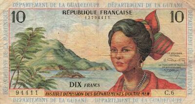 Antillas Francesas 10 Francs - Girl, sugar cane - ND (1964) - P.8b