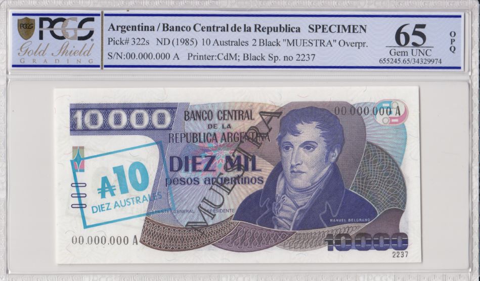 Argentina 1985 10 Australes on 10,000 Pesos Bank Note Gem Unc 66 EPQ PMG