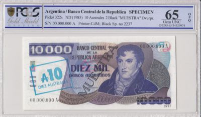 ARGENTINA 10 AUSTRALES ON 10,000 PESOS 1985 P 322 UNC 