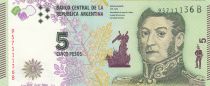 Argentina 5 Pesos - J. San Martin - Bolivar, Mendoza, Artigas - ND (2015) - Serial B - P.359