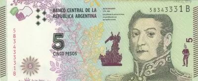 Argentina 5 Pesos J. San Martin - Bolivar, Mendoza, Artigas - Serial B 2015