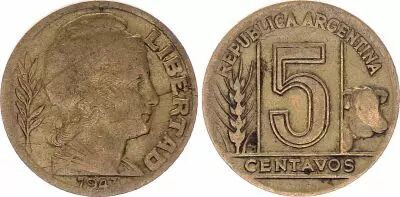 Argentine 5 Centavos 1942-1950 - TTB