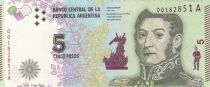 Argentine 5 Pesos J. San Martin - Bolivar, Mendoza, Artigas 2015
