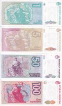 Argentine Lot 4 billets - 1, 5, 50, 100 Australes