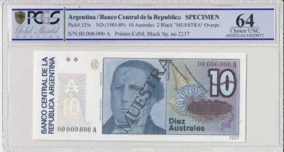 Argentinien 10 Australes , S Derqui  - 1985 - Sp�cimen - PCGS 64 OPQ